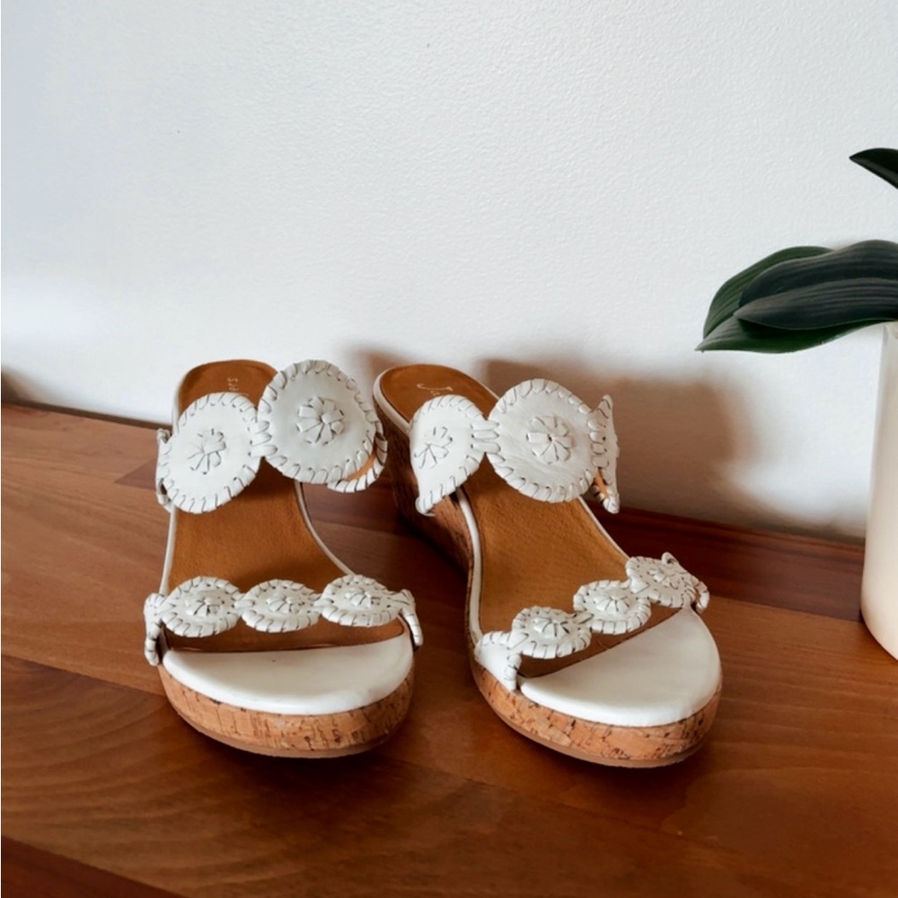 Jack Rogers Cork Wedge Sandals White Leather Size 10 Medallion Slip On